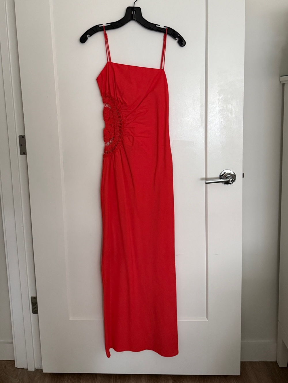 Red Spaghetti-Strap Maxi Dress with Side Embellishment